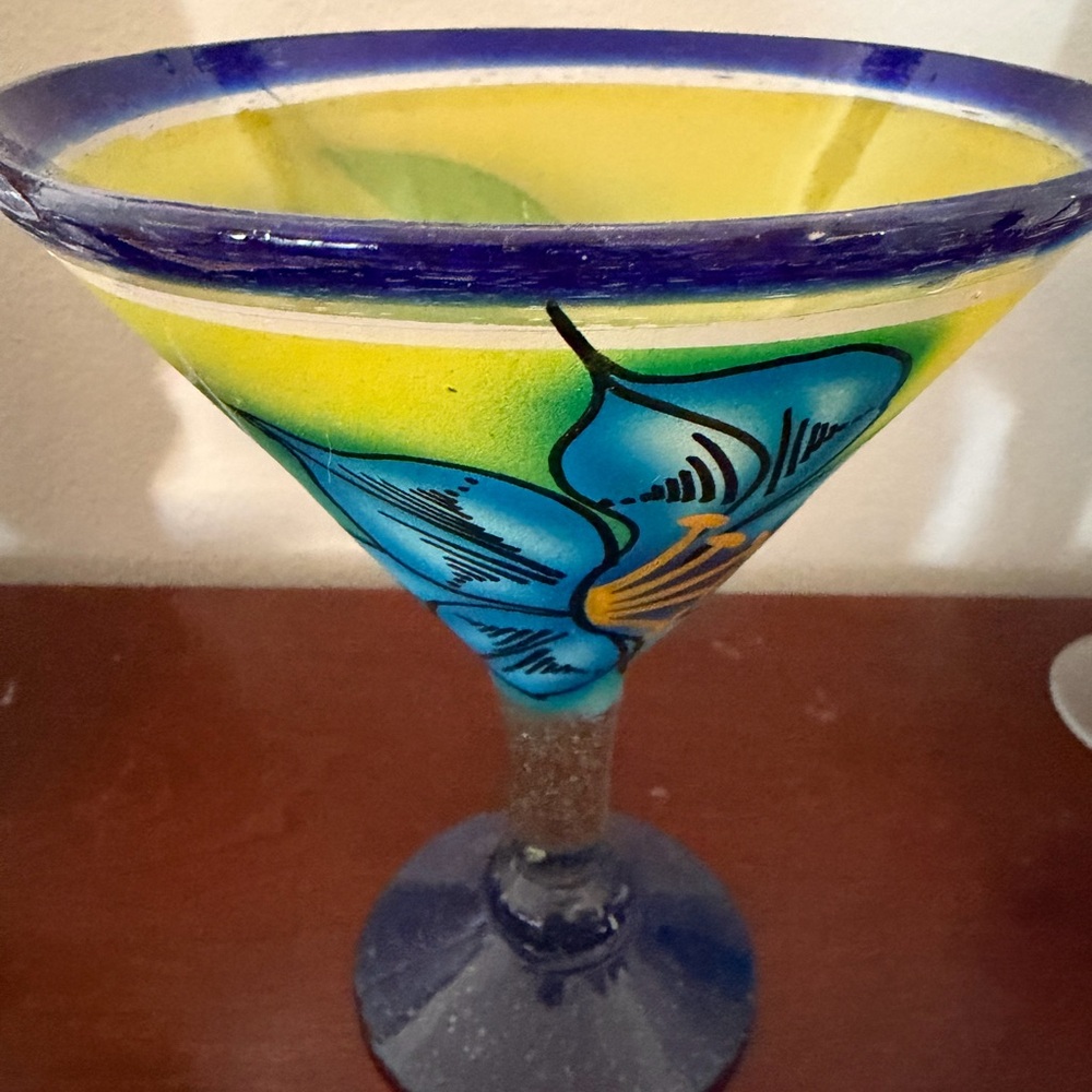 Hand-Painted Yellow & Blue Floral Glass Accent Piece - Hand Blown